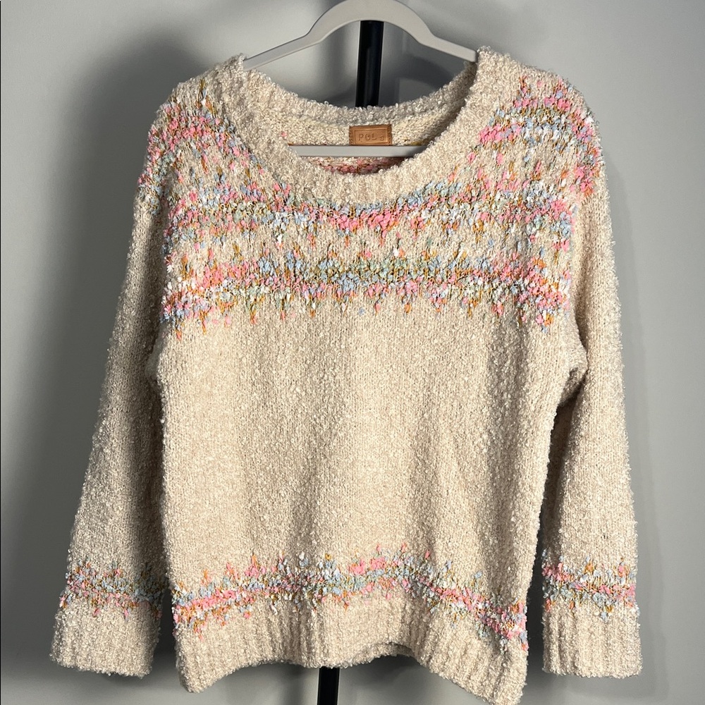 POL Cream Pink Pastel Fair Isle Knit Sweater Pullover Crewneck Relaxed Small